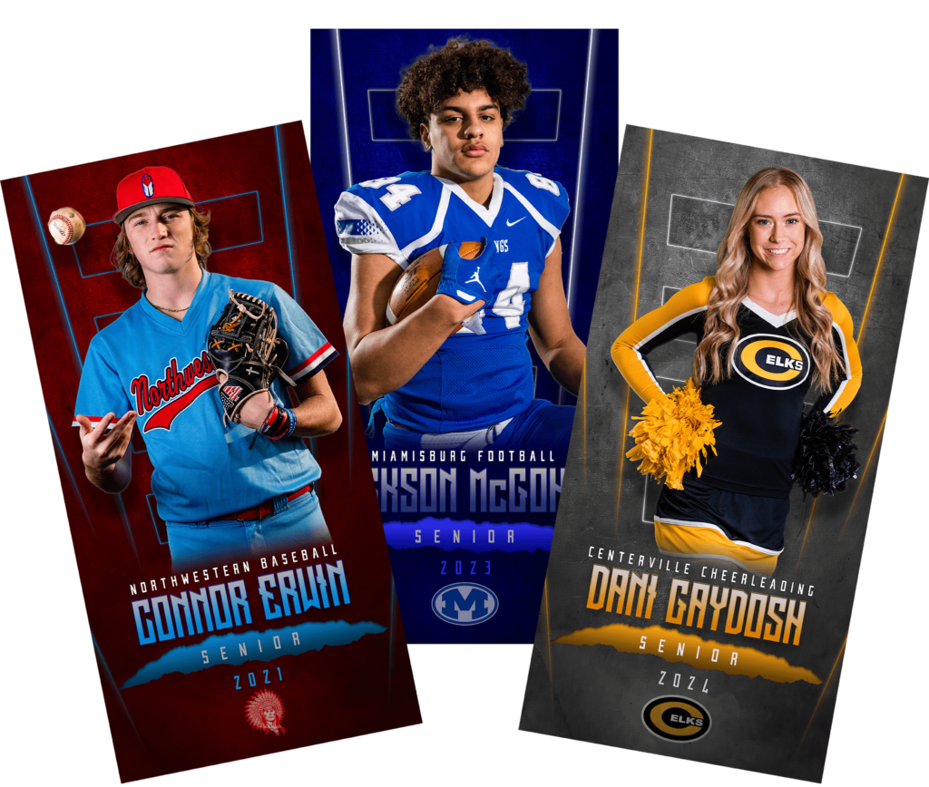 Senior sports banners for a senior baseball player, football player, and cheerleader.